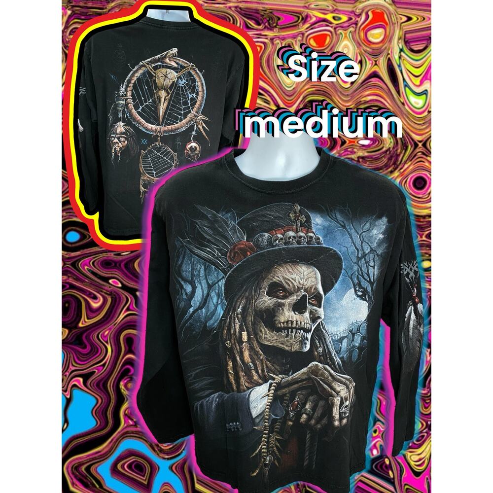 Skeleton Witch Doctor Dual Sided Graphics Long Sleeves T-Shirt Large Voodoo